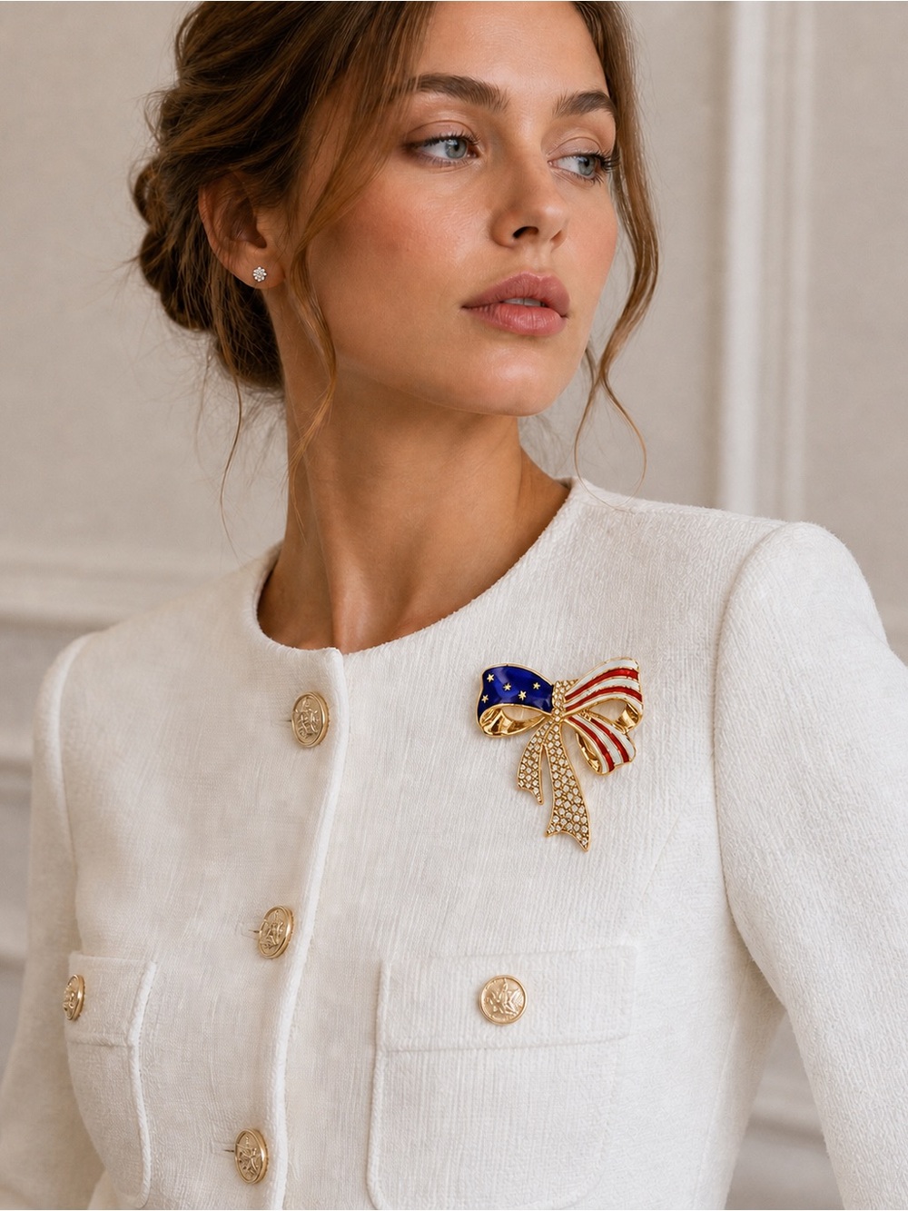 Patriotic Ribbon Bow Crystal Brooch • Gold or Silver • Pick One